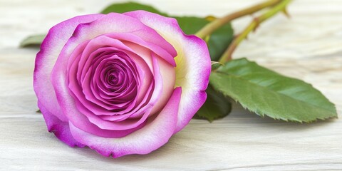 Fototapeta premium A close-up of a pink and white rose on a wooden surface.