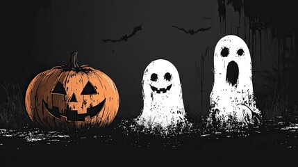 Happy Halloween text in white on black background, with pumpkin and ghost silhouette