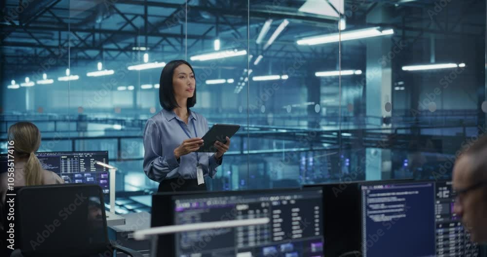 Poster Asian Female DevOps Engineer Monitoring Automation Scripts on Her Tablet Computer, Streamlining Processes of the Data Center IT Infrastructure. Software Specialist Working in Data Protection Field