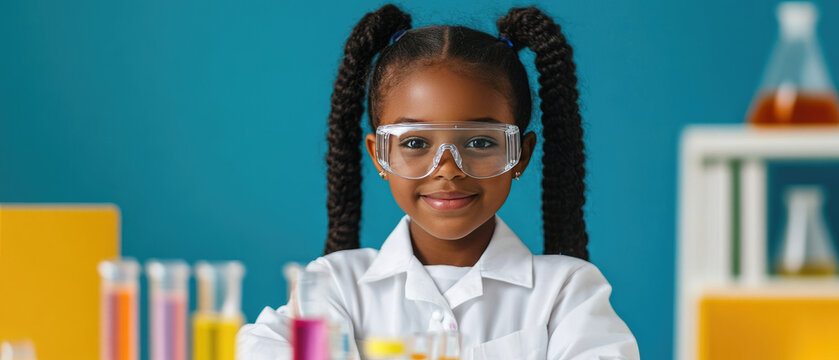 Joyful biracial schoolgirl in safety glasses engaged in an exciting science experiment, vibrant classroom setting, ample copy space available