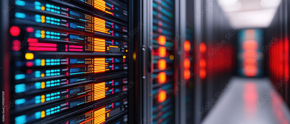 Poster data analysis in high-tech server room, intricate calculations, digital interfaces, illuminated serv
