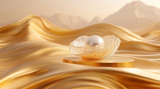 63.A sleek 3D gold podium with a glass pearl shell centerpiece, placed on top of golden waves resembling sand dunes. The luxurious setting is designed to highlight premium products, with soft golden