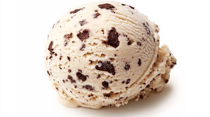 76.A single scoop of chocolate chip ice cream with a creamy, smooth texture and visible chunks of chocolate scattered throughout. The ice cream's rich, sweet flavor is highlighted by its soft,