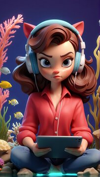 Animated cat-eared girl with headphones and tablet in vibrant underwater scene