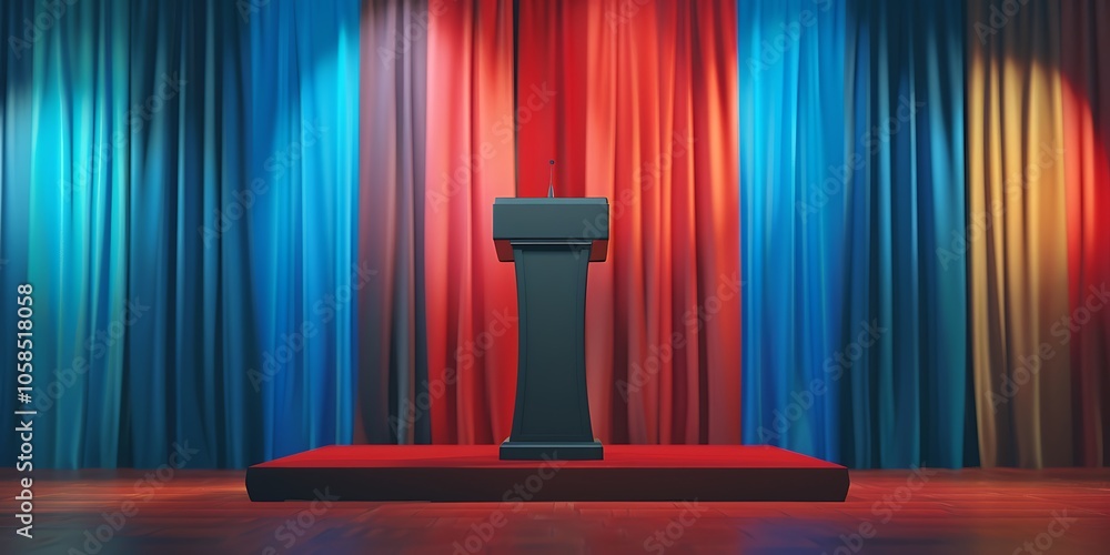 Poster podium with colorful curtains clean blank canvas with empty space for designs
