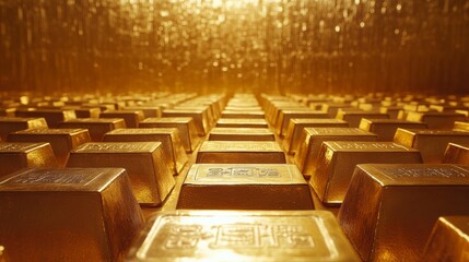 Fototapeta premium 58.Rows of shining gold bars marked with purity stamps, arranged against a golden backdrop. The scene exudes wealth, trading success, and growing investment value, with the polished gold surfaces