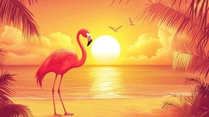 Fototapeta premium A vibrant sunset scene featuring a flamingo on a beach with palm trees and flying birds.