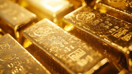 58.Rows of shining gold bars marked with purity stamps, arranged against a golden backdrop. The scene exudes wealth, trading success, and growing investment value, with the polished gold surfaces