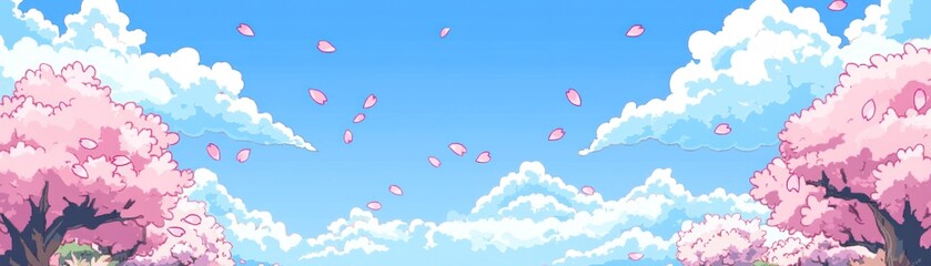 Fototapeta premium A serene landscape featuring cherry blossom trees under a bright blue sky with fluffy clouds.