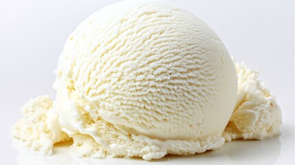 84.A scoop of white vanilla ice cream, with a creamy, velvety texture that appears soft and rich. The scoop is isolated on a clean white backdrop, emphasizing the smoothness and inviting flavor of