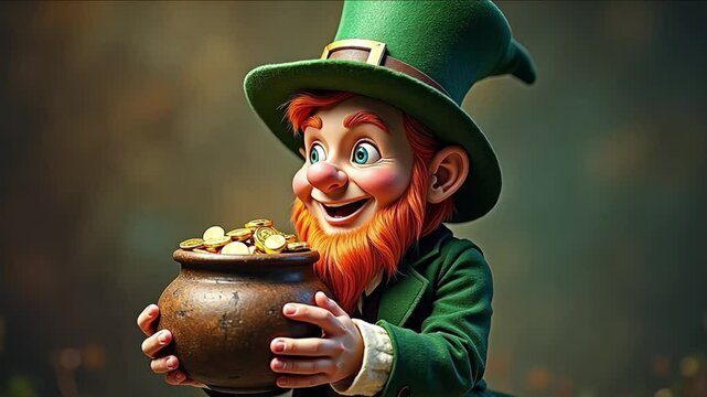 A close up of a leprechaun holding an old pot with gold in it