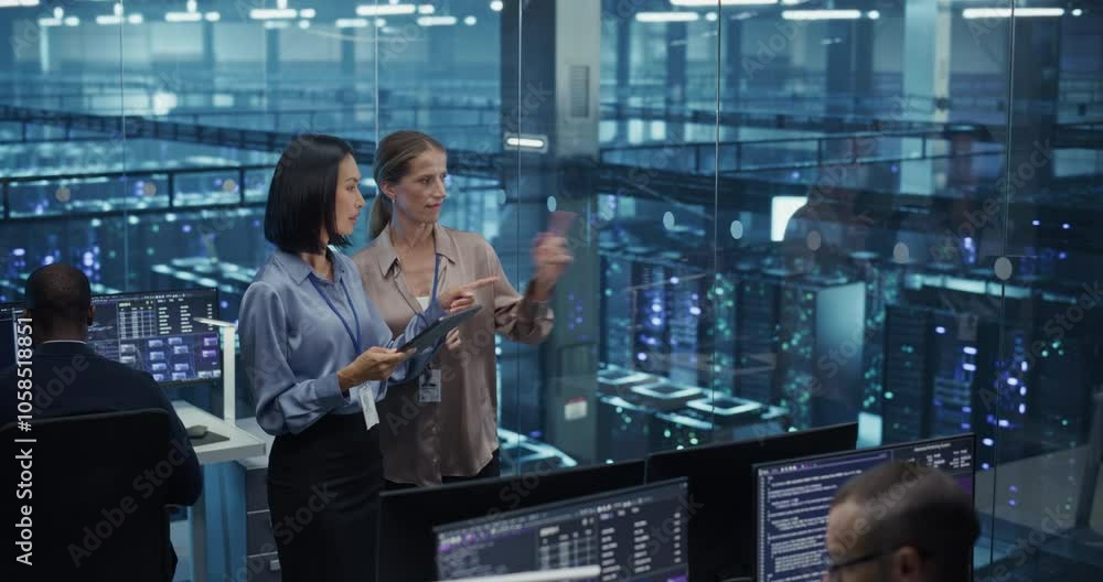 Poster two diverse female data center engineers, an asian and caucasian women, collaborate using a tablet c