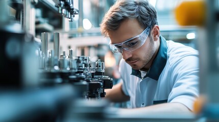 Fototapeta premium Focused male technician in safety glasses working on machinery in a factory.