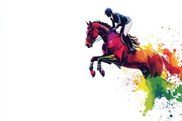 Stylized Rider Jumping Over a Horse in Colorful Design