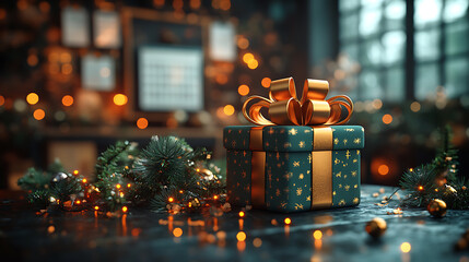 Gift box and Christmas decorations on the table. 3d rendering.