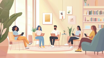 A group of diverse individuals engaged in a collaborative discussion in a modern, bright room filled with plants and books.