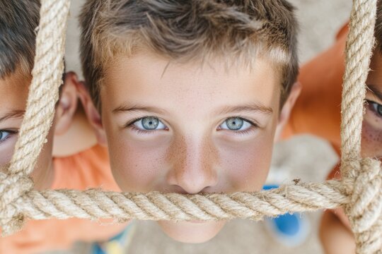 Close-Up of Boy Enjoying Outdoor Play on Climbing Rope, Emphasizing Childhood Fun and Adventure