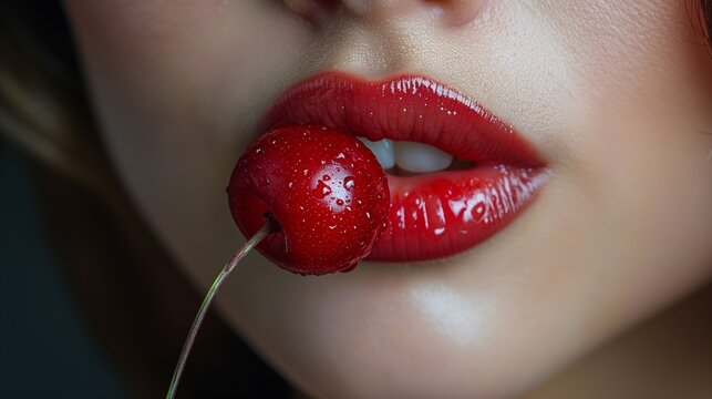 Close-Up of Red Lips Biting a Cherry