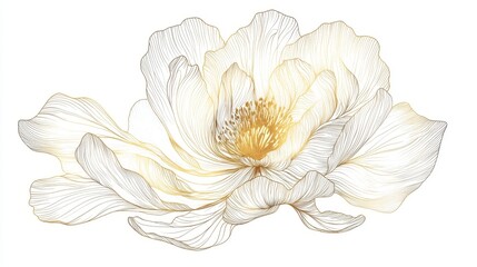 36.A luxurious golden peony flower rendered in delicate line art, set against a white background. The thin, elegant lines of the flowerâ€™s petals are accentuated with a gold foil texture, creating a