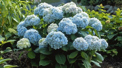 Vibrant Blue Hydrangeas in Lush Garden Setting