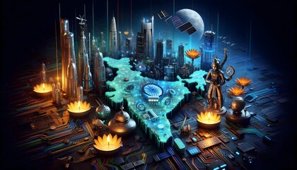 A futuristic depiction of India’s tech hubs and industries, including IT, manufacturing, and space exploration. Skyscrapers, satellites, robotic arms, and circuit boards interwoven.