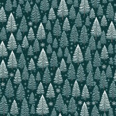 Obraz premium Seamless winter forest pattern with pine trees and snowflakes, perfect for holiday backgrounds and seasonal designs.