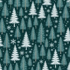 Obraz premium Seamless winter forest pattern with pine trees and snowflakes, perfect for holiday backgrounds and seasonal designs.