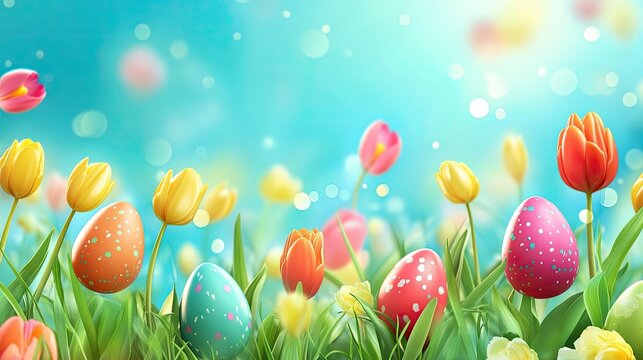 Happy Easter greeting card design with a vibrant display of painted eggs and tulip flowers, creating a joyful spring atmosphere. Ideal for Easter celebrations with ample copy space.