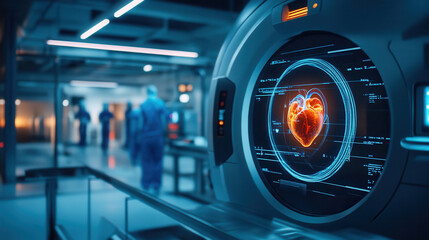 futuristic medical scanner displays glowing heart, symbolizing advanced healthcare technology. background features medical professionals in clinical setting, emphasizing innovation