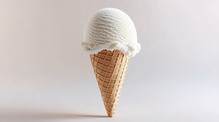 104.An isolated ice cream cone with a rounded scoop of soft ice cream on top, showcased on a pure white background. The texture of the cone is crisp, while the ice cream has a smooth, creamy