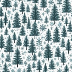 Obraz premium Seamless winter forest pattern with pine trees and snowflakes, perfect for holiday backgrounds and seasonal designs.