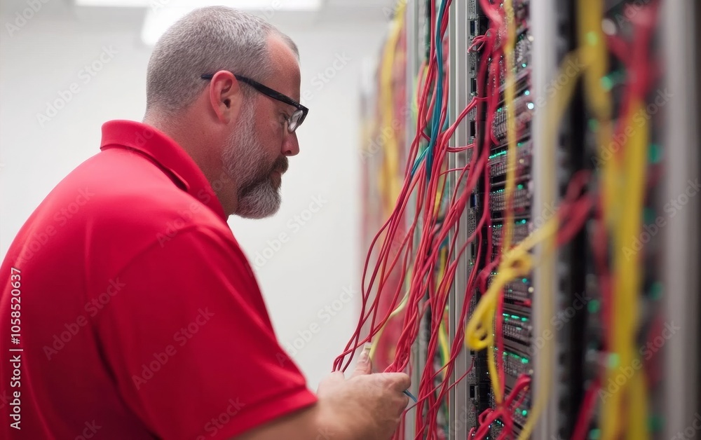 Aufkleber technician resolving network outage in data center with multicolored cables