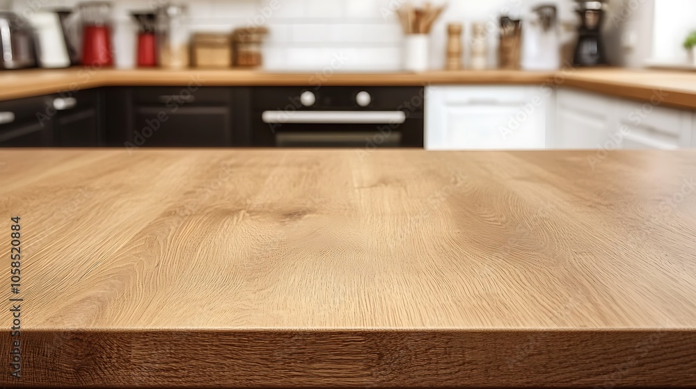 Poster wooden table top in kitchen for product display blank background with copy space for design projects
