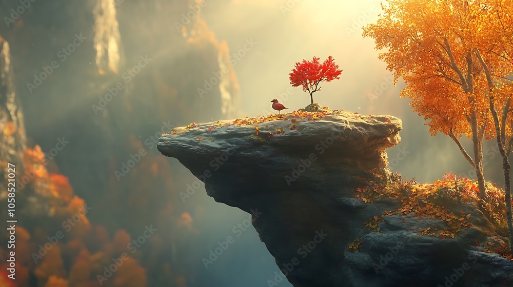 Poster a solitary bird on a cliff abstract gradient background with copy space