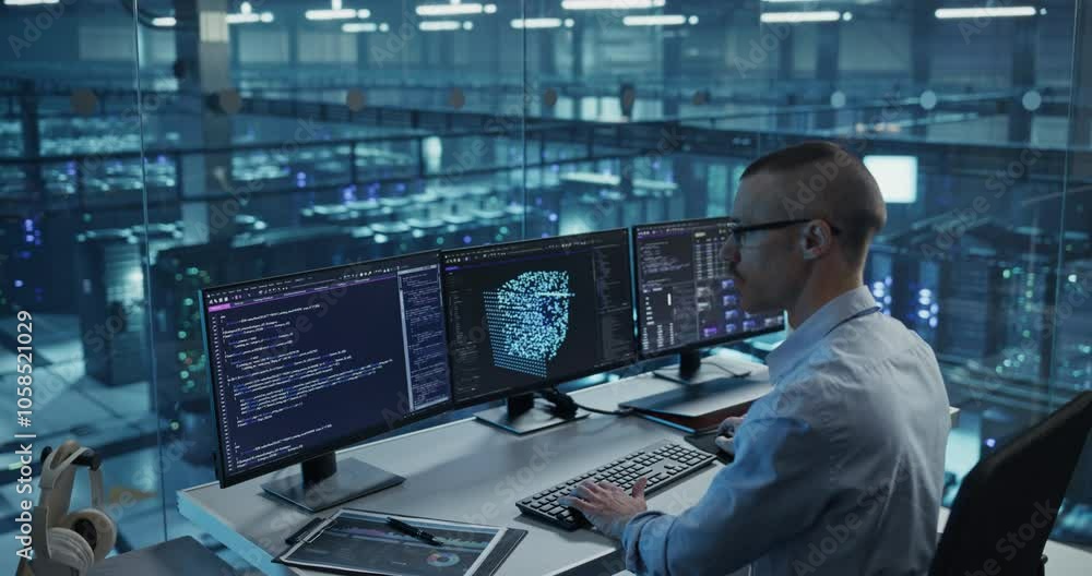 Aufkleber Sitting in Front of Three Computer Monitors in a Glass-Enclosed Modern Data Center Office, Software Engineer Works on Developing a Visual AI Model, Carefully Adjusting Lines of Code
