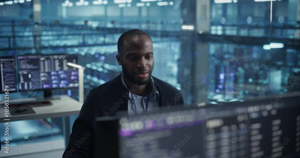 Aufkleber handsome african male it engineer, surrounded by office equipment, studies his computer display in a