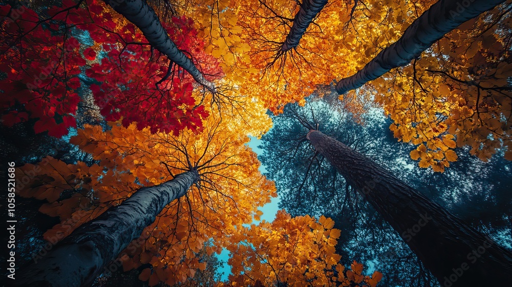 Poster looking up at tall autumn trees with colorful leaves, creating an enchanting view of the forest