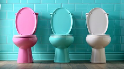 Three uniquely colored toilets are arranged against a bright turquoise tiled wall, showcasing modern restroom design