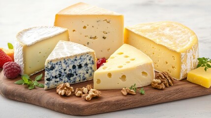 Assorted cheese varieties on wooden board with fruits and nuts.
