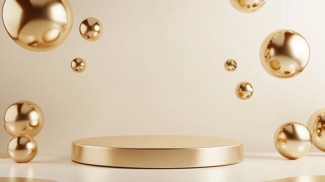 24.A futuristic 3D gold podium, featuring floating metallic spheres and a polished gold surface. The smooth design and elegant simplicity create a sense of luxury, ideal for displaying premium