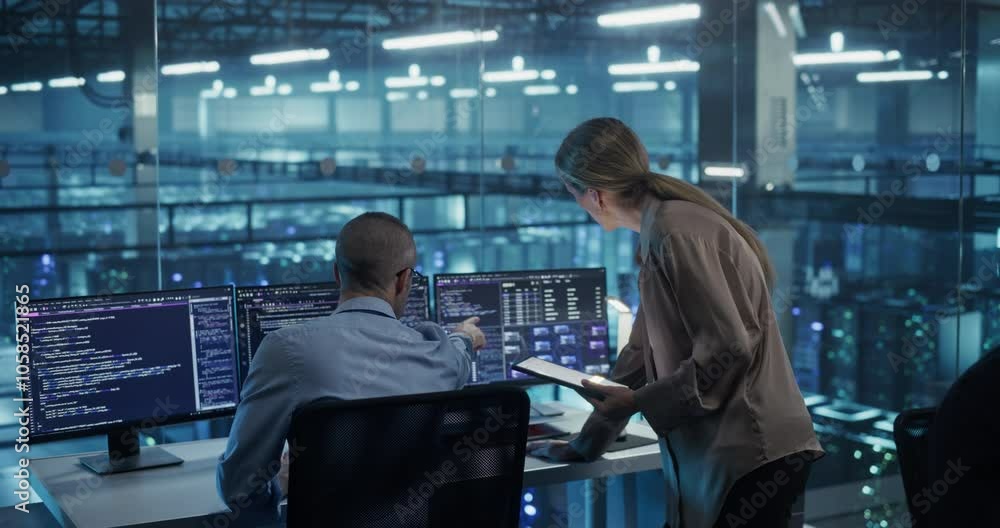 Poster Male Engineer and Female Team Leader Collaborate on a Project in a Modern Data Center Office. Specialists Analyzing Complex Systems on Multiple Screens to Improve Software  Performance