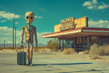 A wooden skeleton figure with a suit and tie, standing on a road with a luggage bag, in front of a vintage diner