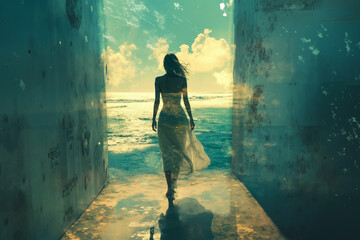 A woman in a white dress walks through a narrow passageway between two walls, with the ocean visible in the background