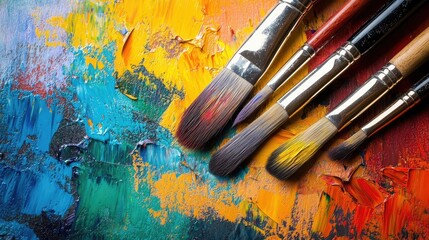 Fototapeta premium A vibrant and colorful palette of paint strokes illustrates the versatility and creativity found in an art studio, providing an engaging visual with ample copy space.