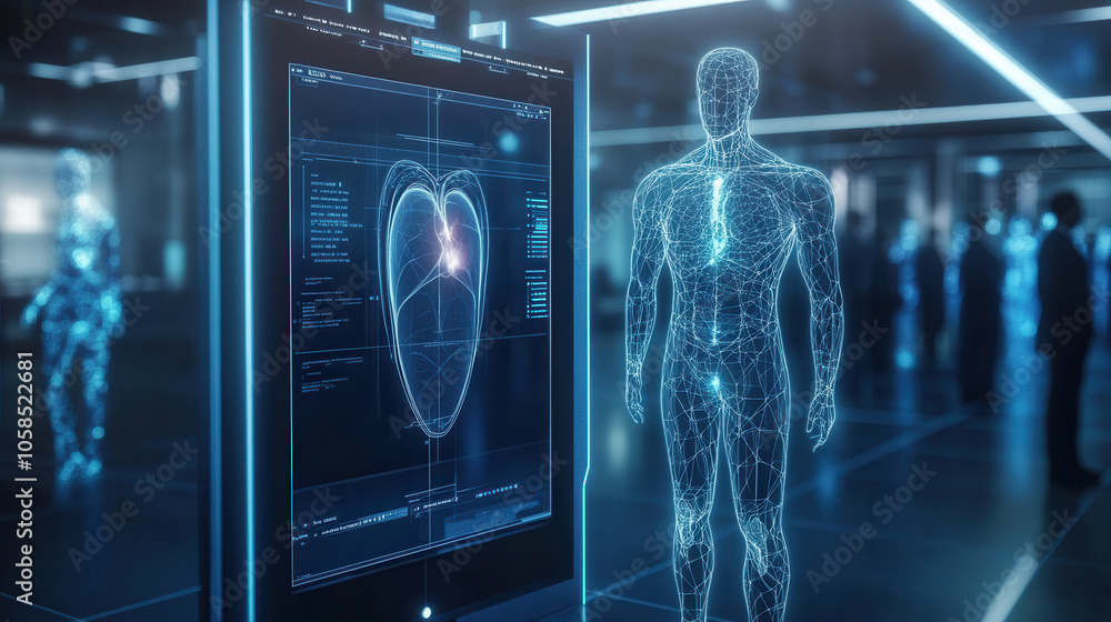 Aufkleber digital representation of human figure next to heart monitor display, showcasing advanced medical te