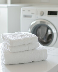 stack of fluffy white towels, freshly laundered and ready for use. The modern washing machine in the background