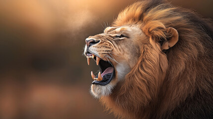 Obraz premium Close-up of a roaring lion with a majestic mane and sharp teeth, set against a blurred background in a warm tone.