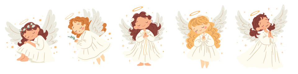 A set of cute vector illustrations in children's style. Cute angels on white background with wings. Vector illustration