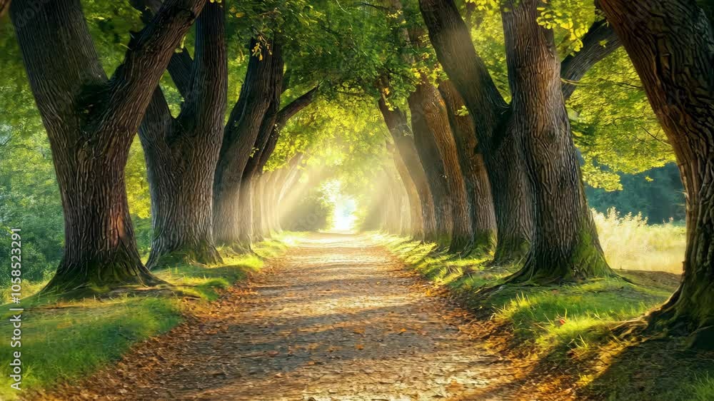 Poster a sunlit path winds through a forest of tall trees, creating a serene and enchanting scene