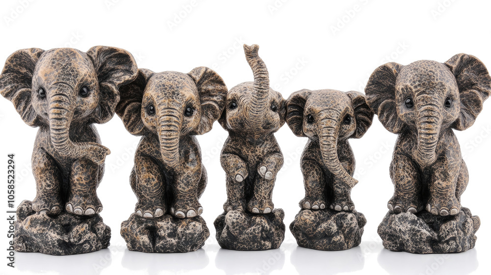Poster set of decorative elephant figures arranged on a clear backdrop generative ai